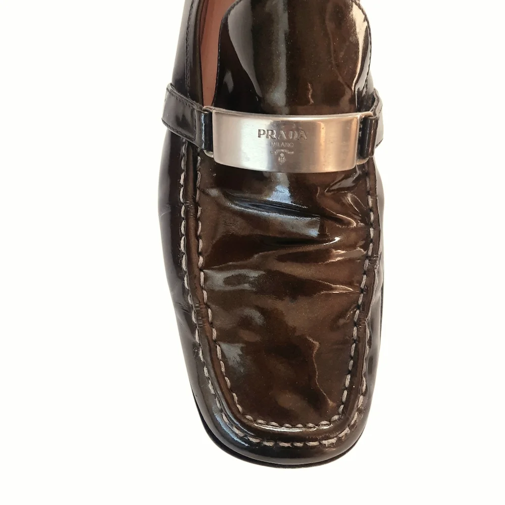 Vintage Y2K PRADA Patent Leather Square Toe Classic Loafers Sz 9.5/40 Dk Olive - Picture 7 of 10